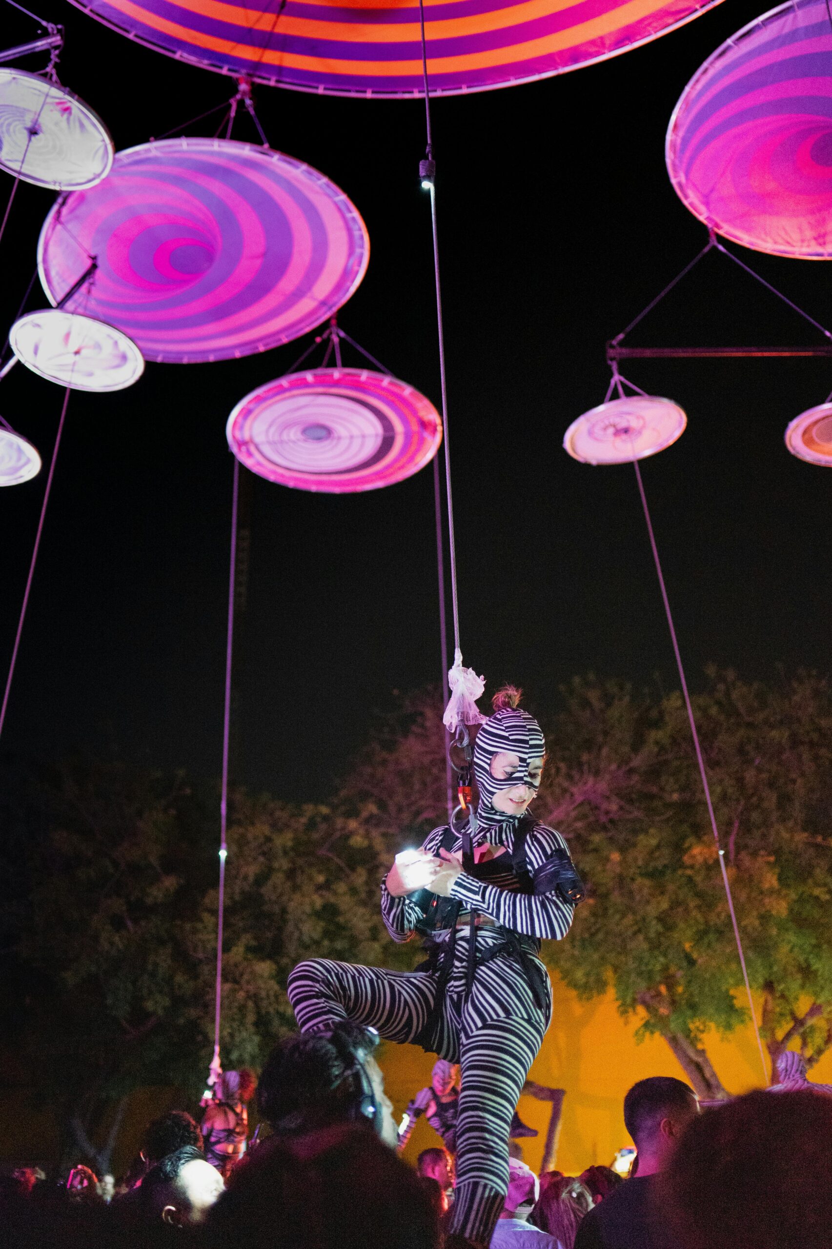 Dynamic acrobatic performer in zebra costume during night event in Merida, Mexico.